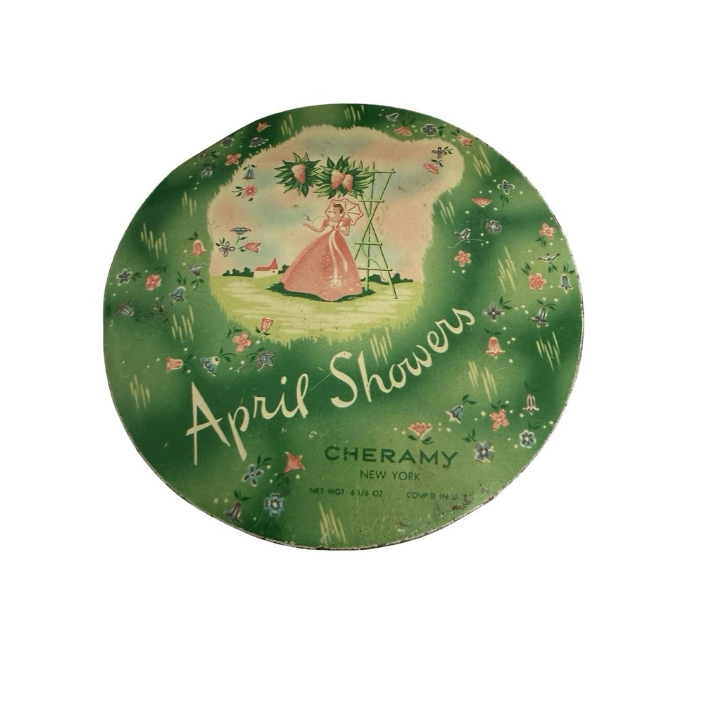 Vintage April Showers Cheramy Powder Metal Box Tin Vanity New York Parasol Lady